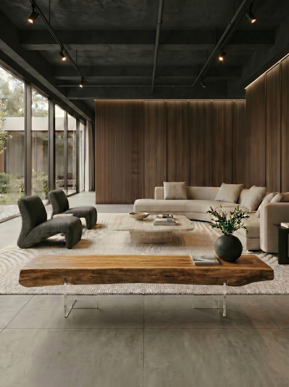 Living room with modular seating, timber wall panelling, and track lighting