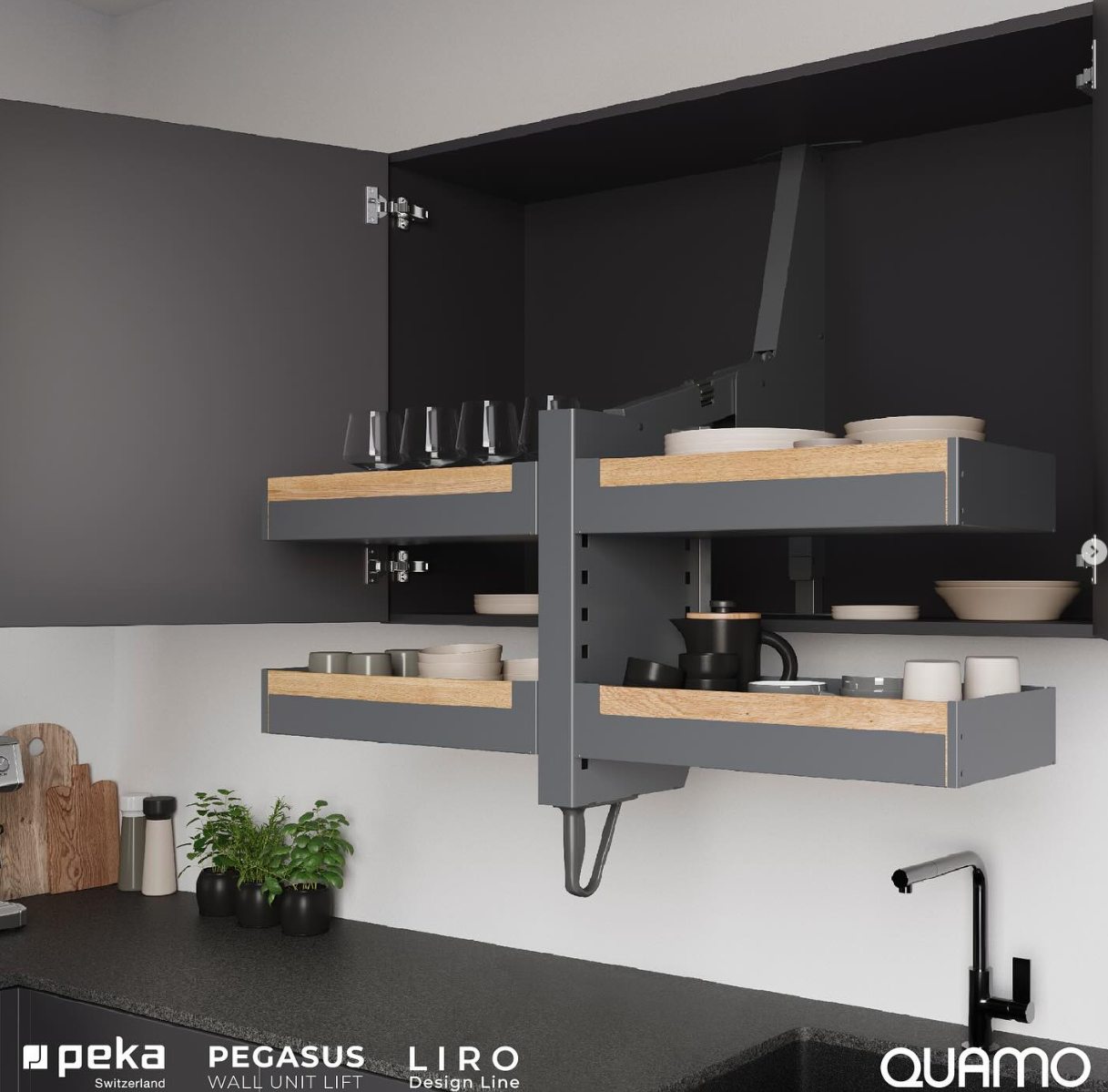 Dark kitchen wall cabinet with an open pull-down storage system